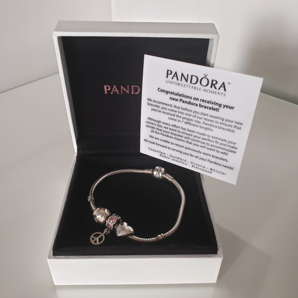 Pandora Silver Bracelet  Three Charms Pink Diamond Piece Sign Pearl Hearts Heart